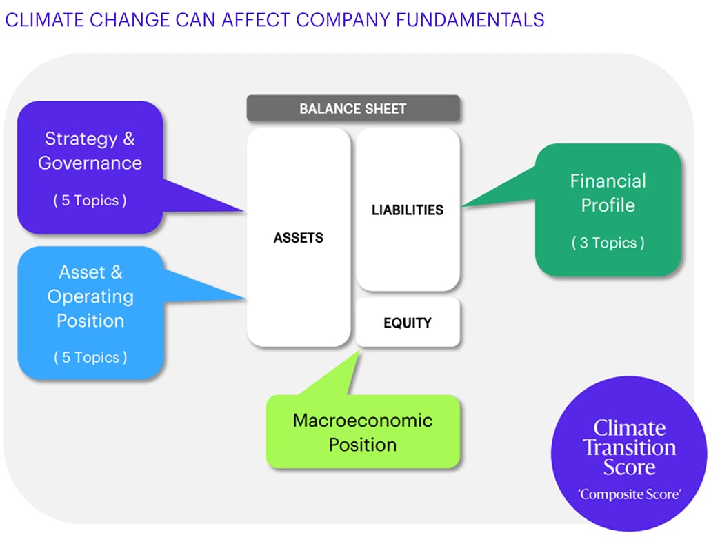 Climate change can affect company fundamentals through assets (strategy and governance, asset and operating position); liabilities (financial profile); and equity (macroeconomic position). All of these make up the Climate Transition Score, or "composite score'.