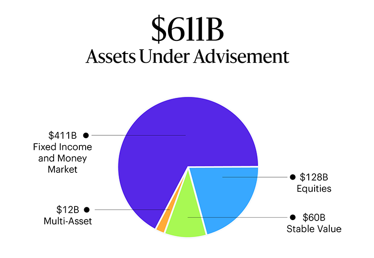 Infographic displaying "$611B Assets Under Advisement" with a breakdown by asset class: $411B in Fixed Income and Money Market, $128B in Equities, $60B in Stable Value, and $12B in Multi-Asset.