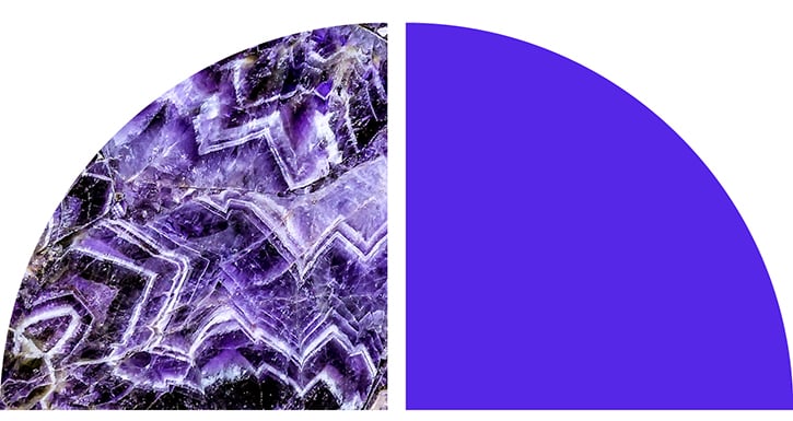 Split graphic with a textured purple crystal pattern on the left and a solid purple shape on the right.