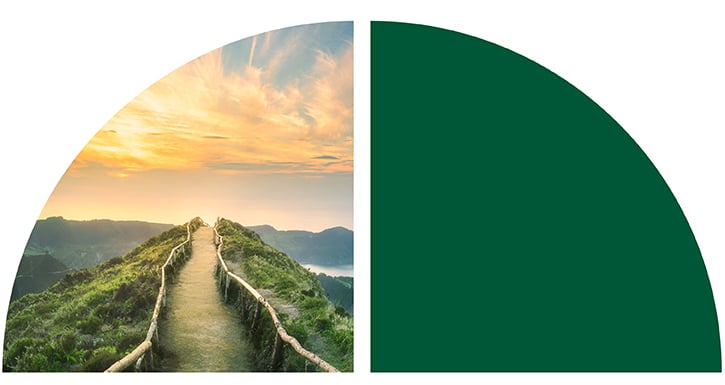 Split image: left shows a sunset over green hills with a path; right is solid dark green. Split image: left shows a sunset over green hills with a path; right is solid dark green.