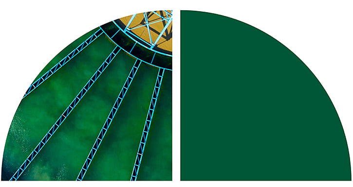 Abstract green graphic with curved shapes and blue-lined pathways converging toward a circular structure.