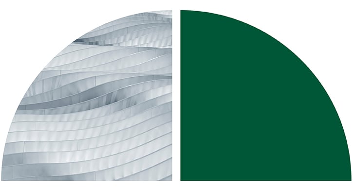 Abstract architectural detail with layered, curved metal panels in soft gray tones.