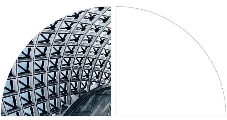 Abstract architectural structure with a curved glass facade and repeating geometric steel pattern.