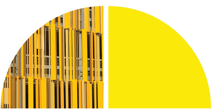 Abstract yellow and gray geometric graphic with vertical lines and curved shapes.