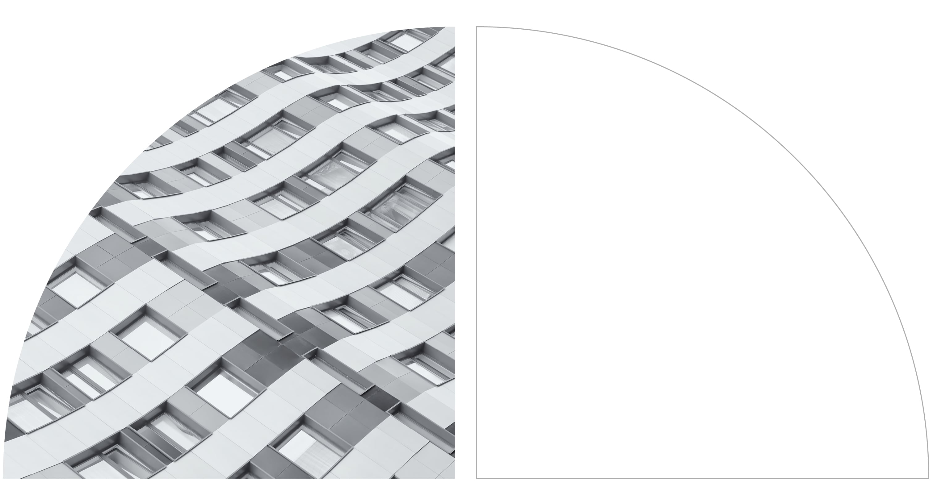 Curved modern building facade with wavy metal panels and rows of windows in a minimalist architectural design.