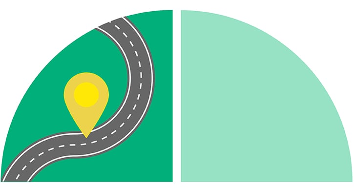 A curved road with a dashed center line and a yellow location pin icon.