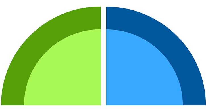 Split semicircle graphic showing green and blue segments.