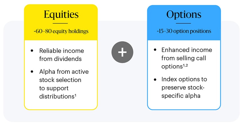 The image compares equities and options strategies. On the left, under a yellow header labeled 'Equities,' it lists approximately 60–80 equity holdings with two benefits: reliable income from dividends and alpha from active stock selection to support distributions. On the right, under a blue header labeled 'Options,' it lists approximately 15–30 option positions with two benefits: enhanced income from selling call options and use of index options to preserve stock-specific alpha. A gray circle with a plus sign is centered between the two sections, suggesting a combined strategy.