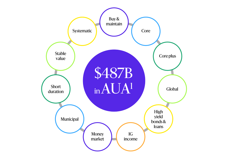 Graphic showing $487 billion in assets under advisement (AUA) at the center, surrounded by 11 investment capabilities in a circular layout: Buy & maintain, Core, Core plus, Global, High yield bonds & loans, IG income, Money market, Municipal, Short duration, Stable value, and Systematic.