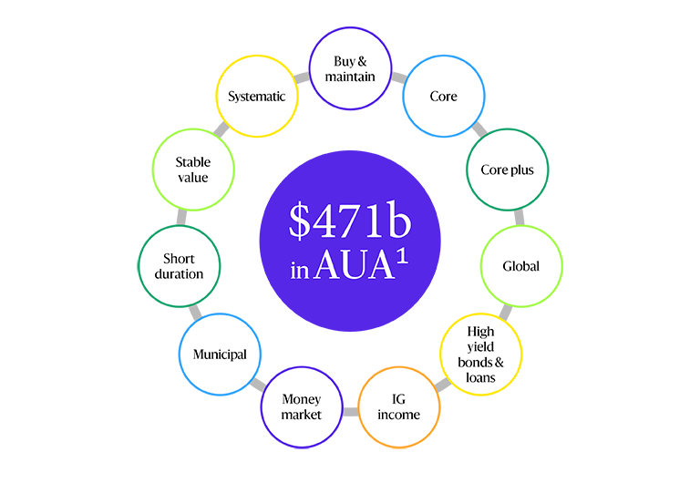 Circular diagram illustrating $471 billion in Assets Under Administration (AUA), with surrounding labeled segments representing various financial categories: Buy & Maintain, Core, Core Plus, Global, High Yield Bonds & Loans, Investment Grade Income, Money Market, Municipal, Short Duration, Stable Value, and Systematic.