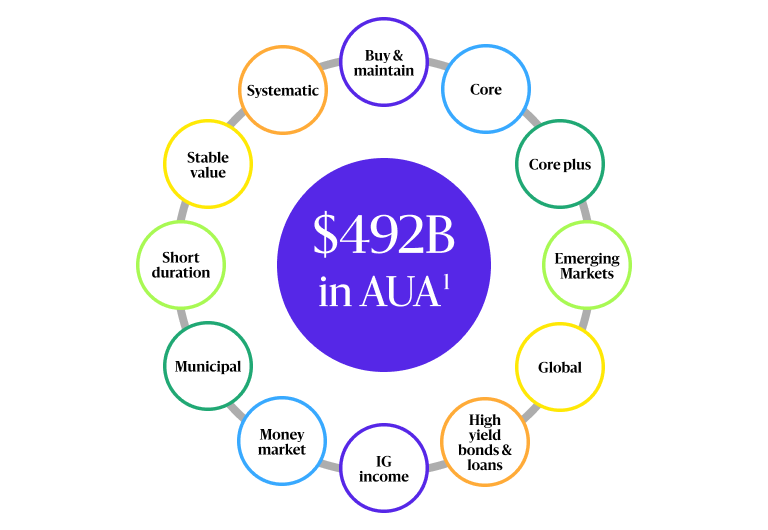 Graphic showing $492 billion in assets under advisement (AUA) at the center, surrounded by 11 investment capabilities in a circular layout: Buy & maintain, Core, Core plus, Emerging Markets, Global, High yield bonds & loans, IG income, Money market, Municipal, Short duration, Stable value, and Systematic.