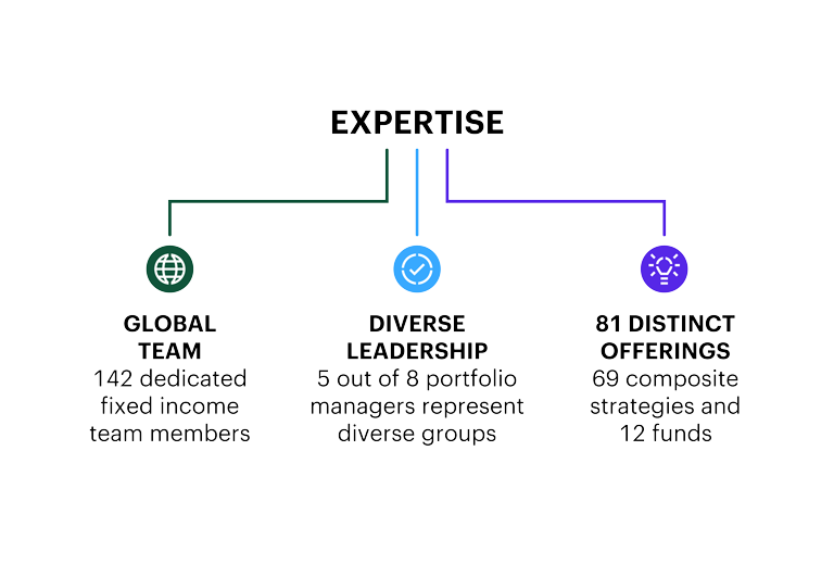 Graphic titled ‘Expertise’ showing three sections:  Global Team: 142 dedicated fixed income members, icon of a globe. Diverse Leadership: 5 out of 8 portfolio managers represent diverse groups, icon of a checkmark in a circle. 81 Distinct Offerings: 69 composite strategies and 12 funds, icon of a network or nodes.