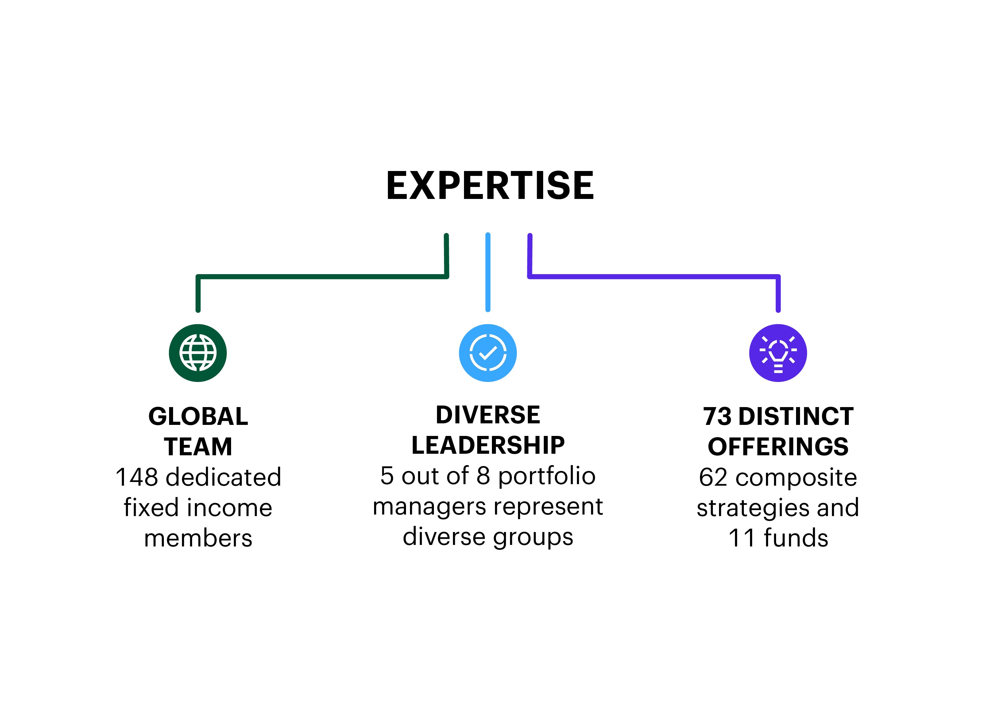 Graphic titled ‘Expertise’ showing three sections:  Global Team: 148 dedicated fixed income members, icon of a globe. Diverse Leadership: 5 out of 8 portfolio managers represent diverse groups, icon of a checkmark in a circle. 73 Distinct Offerings: 62 composite strategies and 11 funds, icon of a network or nodes.