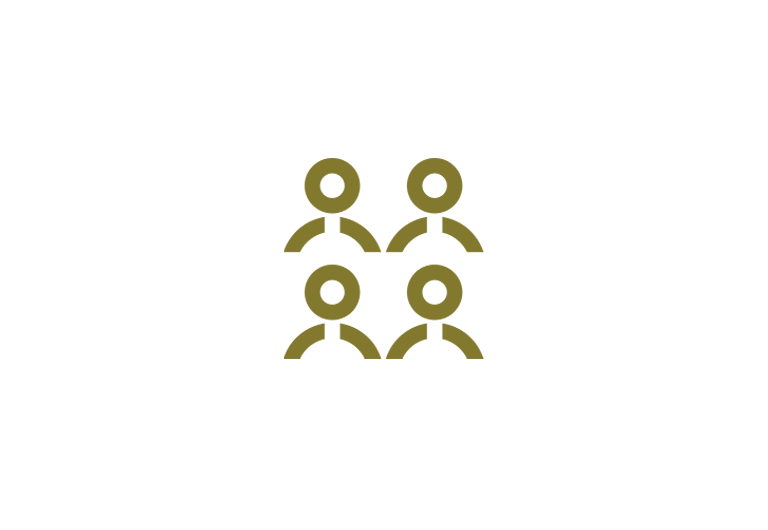Olive green icon of four stylized human figures arranged in a 2x2 grid, using minimalistic shapes.