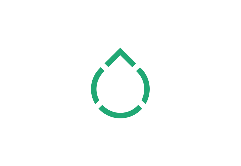 Green geometric shape resembling a water droplet with an open bottom, formed by two curved lines and a triangular top.