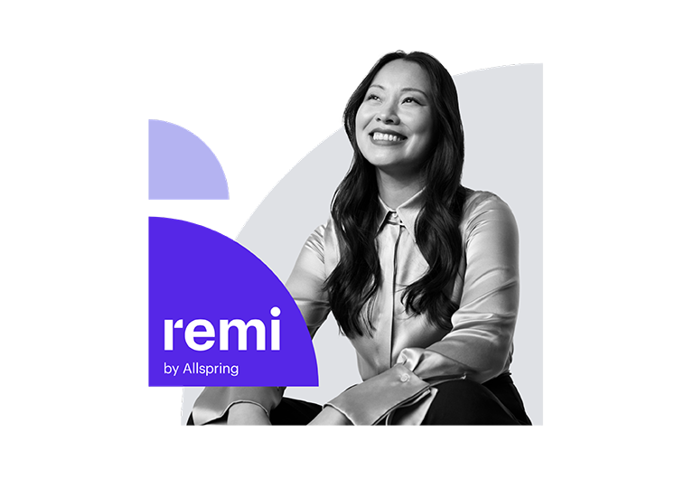 Black and white image of a person with long hair, wearing a button-up shirt, purple geometric shape with ‘remi by Allspring’ text in corner.