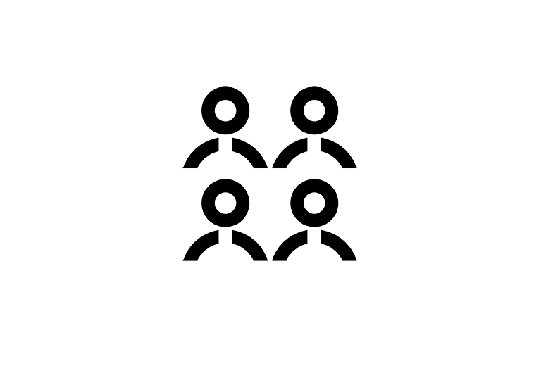 Four black stylized human icons in a 2x2 grid on a blue background.