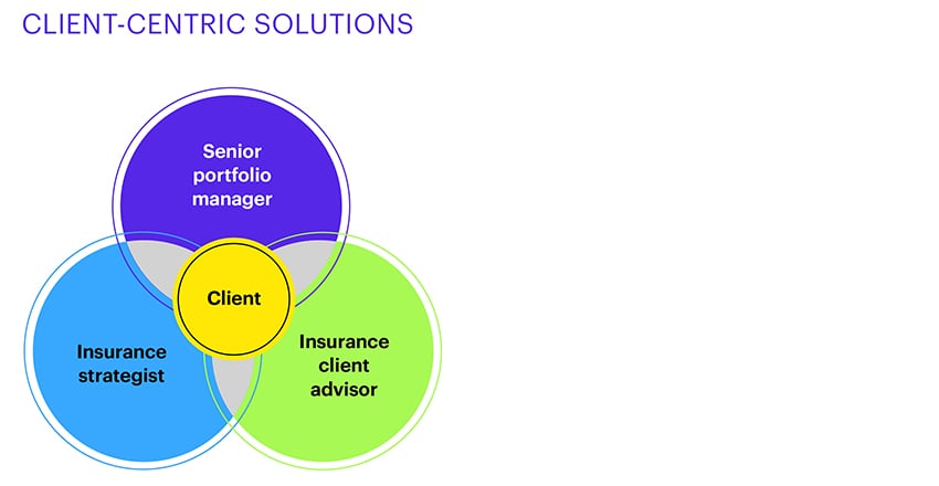 Three overlapping circles labeled Senior portfolio manager, Insurance strategist, and Insurance client advisor, with Client in the center.