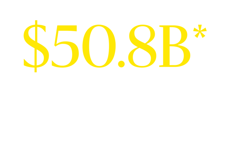 Large yellow text displaying "$50.7B" on a white background, representing a financial figure.