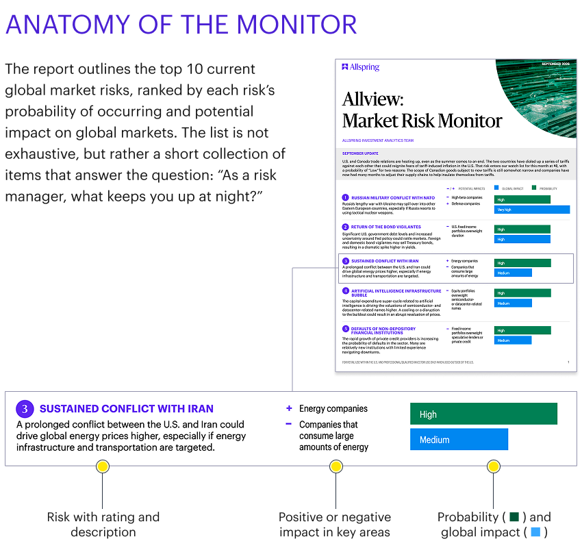 Infographic explaining a market risk monitor report, highlighting risk rankings, impacts, and probability indicators.